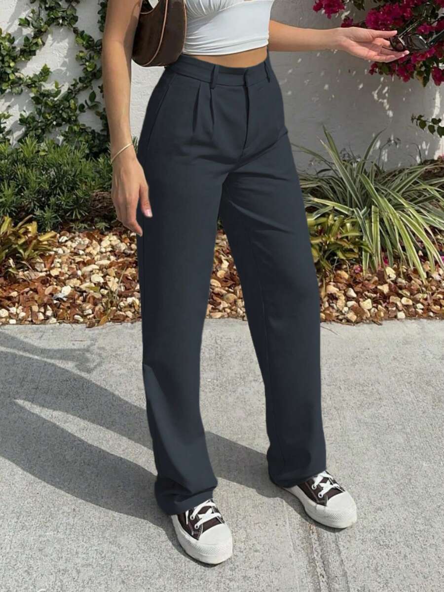 MYOURSA Quần ống đứng dáng ôm, xếp ly phía trước, màu trơn, dành cho nữ. - Màu xám đen - Xem 1