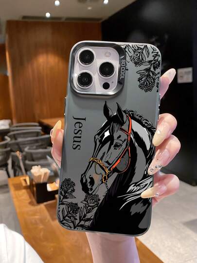 1pc High-Fashion Jesus Ink Horse Pattern Shockproof Anti-Slip 3-In-1 IMD Phone Case Compatible With IPhone 16 15 14 13 12 11 Pro Max / / Redmi / OPPO / Infinix Series, Black