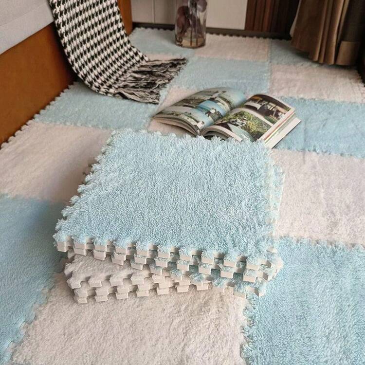 16 Peças Tapetes de Retalhos de Cor Sólida para Uso Doméstico, Tapetes de Espuma Grossa Decorativos de Quebra-cabeça para Quarto, Tapetes de Retalhos de Cor Sólida Felpudos e Aparáveis - Multicolorido - Visão 6