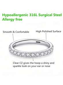 1pc Elegant 18K Gold Plated Stainless Steel Zirconia Inlaid Nose Ring, Hinged Closure Cartilage Spiral Earring Lip Ring, Body Piercing Jewelry, Inner Diameter Options: 6mm/8mm/10mm/12mm, Diameter: 16G/1.2mm/18G/1.0mm