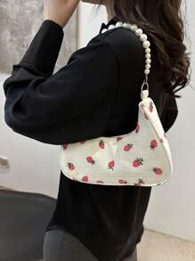 时尚草莓珍珠单肩包、新月形手提包、托特包、沙滩包、休闲草编包、女士手机袋 - 米色 - 查看 5