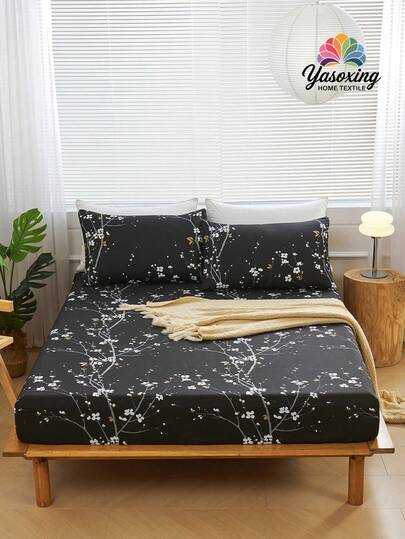 3 件套黑色梅花枝花卉图案床笠套件（无填充物），卧室床笠套件，拉绒超细纤维透气舒适 1 件床笠 + 2 件枕套（无填充物），背面学校床上用品宿舍床上用品套件