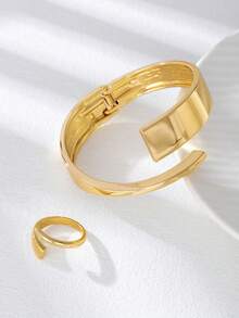 1pc Geometric Metal Bracelet & 1pc Ring Set - Yellow Gold - View 3
