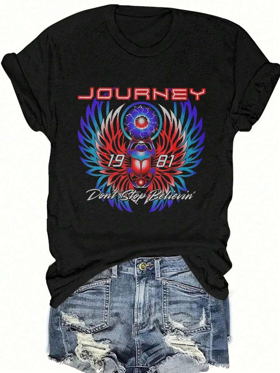 Angel Print Fashion Summer Short Sleeve T-Shirt Bad INFLUENCE TRUST NO ONE BELIEVE IN YOURSELF Graphic Tees Women Tops - 黑色 - 查看 1