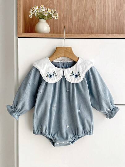 New Spring/Autumn Baby Corduroy Bodysuit With Collar And Embroidered Floral Design, Infant Princess Bodysuit