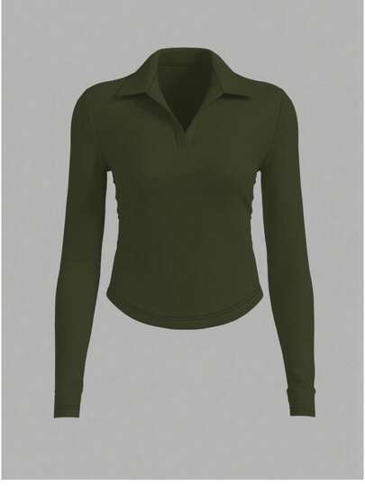 Damen Sportbekleidung Lässiges enges Polokragen V-Ausschnitt Langarmoberteil, geeignet für Outdoor-Lässig, Laufen, Sport, Yoga und Fitness