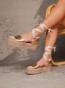 Zapatos planos de alpargata con diseño de pierna anudada para mujer    Bohemian  Vacation - Dorado - Ver 3