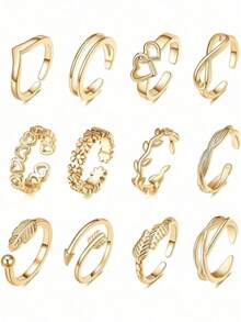 12pcs/Set Women's Toe Rings, Full Metal Knuckle Rings, Adjustable Toe Rings With Moon, Flower, Arrow Designs For Beach