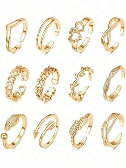 12pcs/Set Women's Toe Rings, Full Metal Knuckle Rings, Adjustable Toe Rings With Moon, Flower, Arrow Designs For Beach