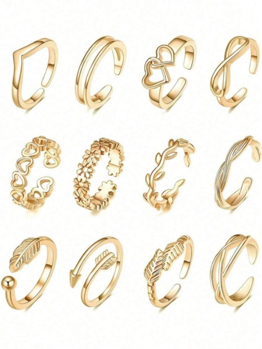 12pcs/Set Women's Toe Rings, Full Metal Knuckle Rings, Adjustable Toe Rings With Moon, Flower, Arrow Designs For Beach