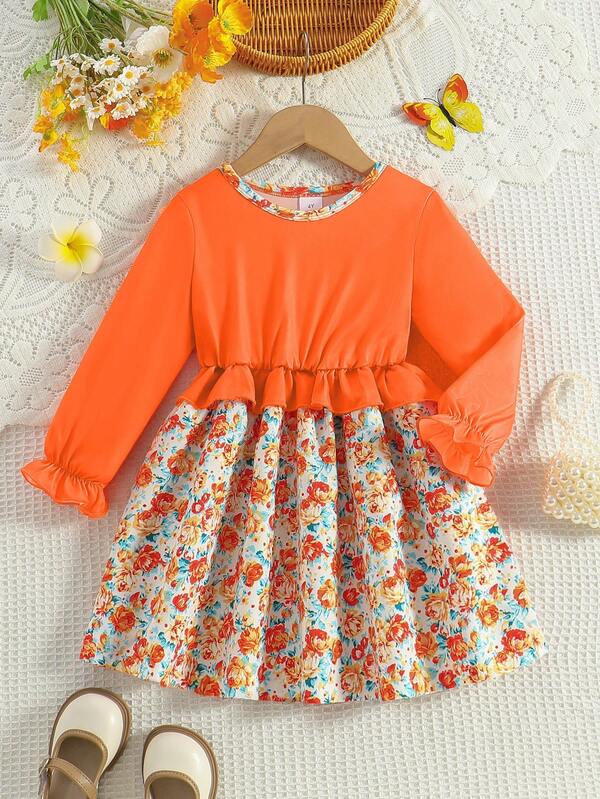 1 pieza Vestido de manga larga de tela de punto suave y cómoda con estampado casual para niñas, adecuado para uso al aire libre, otoño/invierno