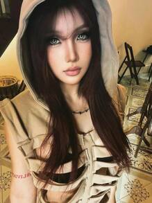 Unisex Oversized Skeleton Hoodie Men Cropped Sleeveless Sweatshirt Women Goth Costume Skull Hooded Vest - Khaki - View 6