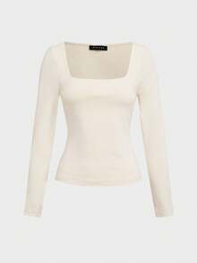 Basic Minimalist Crew Neck Double Layer Seamless Fitted Long Sleeve Top Casual Spring - Apricot - View 2
