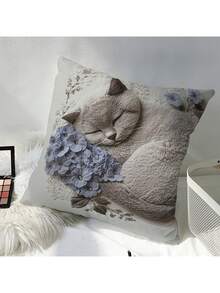 1 件可爱灰色睡猫印花枕套，适用于办公室、家庭、卧室、客厅、靠垫套、房间装饰 - 卧室装饰 - 节日装饰 - 派对装饰 - 多种尺寸（不含枕芯） - 无刺绣 - 灰色 - 查看 3