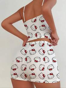 SANRIO Hello Kitty 女士睡衣套装（2 件套），春夏家居服套装，短裤 + 吊带背心，女士夏季服装，Hello Kitty 睡衣套装，包含上衣和短裤，2 件套，吊带背心套装 - 白色 - 查看 3