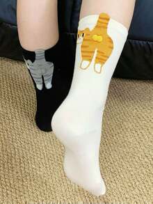 3 Pairs Women's Cat & Cartoon Design Mid-Calf Socks, Fall Socks - Multicolor - View 3