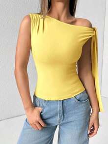 Elegant Suplex T-Shirt Top With Asymmetrical Shoulders And Straps, Ideal For Daily Use, Outings, Nightclubs, Parties, Halloween Costumes - 黃色 - 查看 7