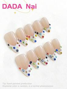 10 Pcs Handmade Press On Nails, Original Design Summer Ice Translucent Small Diamonds Embellishment High Class Feeling Wear Nail, Almond Nails, Long Nails, White Nails, French Tip Nails, Nail Gems Nail Supplies Nails - Multicolor - View 2