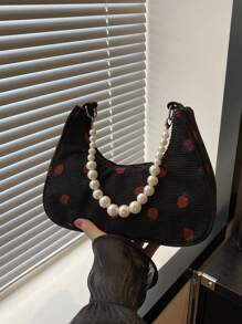 时尚珍珠链手提包，花卉面料休闲新月草莓图案单肩托特包女士