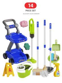 طقم لعبة مجموعة التنظيف المنزلي للأطفال، مكنسة، جامبو، شفاط، جردل وأدوات التنظيف المزيفة للبنات