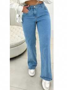 Women's Basic Wide Jeans, High Waist, Modern Loose Fit. - 淺色水洗藍 - 查看 2