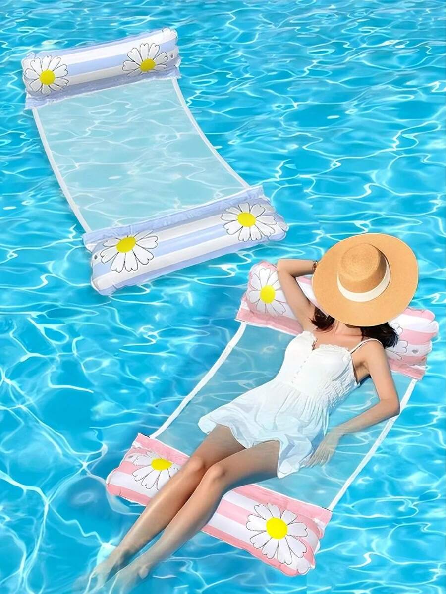 1Pc Inflatable Water Hammock Float Lounger, Foldable Backrest Pool Float With Mesh, Portable Swimming Air Mattress For Adults - Multicolor - View 1