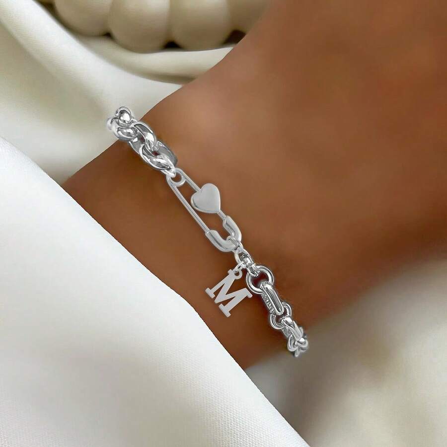 1pc New Classic Gold Letter Heart Shaped Brooch Stainless Steel Chain Bracelet, Women - Silver - View 1
