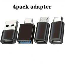 4个黑色USB转USB-C适配器，USB Type C母头转USB适配器，Micro USB转USB-C母头转公头转换器，兼容笔记本电脑、汽车、智能手机和耳机 - 黑色 - 查看 1