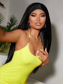 bling hair Perruques bandeau, perruques lisses en cheveux humains pour femmes, perruques sans colle, densité 180 %, sans dentelle, perruques brésiliennes en cheveux humains, couleur naturelle - Noir - Voir 2