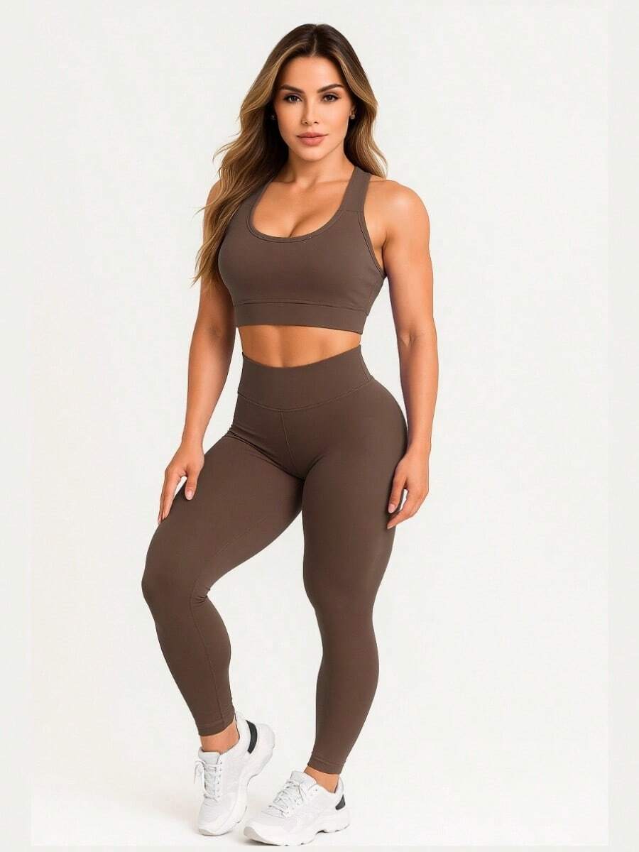 Leggings And Top Set For Gym Fitness Walking Bodybuilding Smooth Suplex A01 - 鏽棕色 - 查看 1