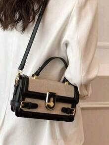 Retro Women's Crossbody Bag - Vintage Spliced Messenger Purse With Square Metal Buckle - màu đen - Xem 4