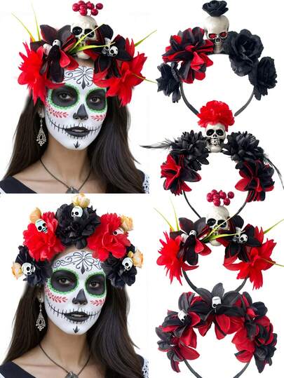 1 st Halloween realistiskt svart & rött skelettblommahårband, mörk gotisk stil Day of the Dead-festtillbehör för kvinnor