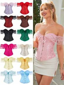 Women's Off Shoulder Jacquard Waist Corset Lace Strap Tops, Suitable For New Year Party, Valentine's Day, Holiday, Halloween Costume