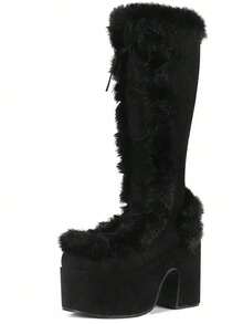 Women's Christmas Winter Furry Snow Boots Womens Mid Calf Boots Lace Up Zip Block Chunky High Heel Punk Goth Warm Fur Winter Snow Platform Knee High Boots - màu đen - Xem 6