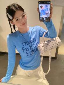 Women's Casual Letter Printed Long Sleeve Slim Fitted Round Neck T-Shirt, Autumn/Winter - Blue - View 1