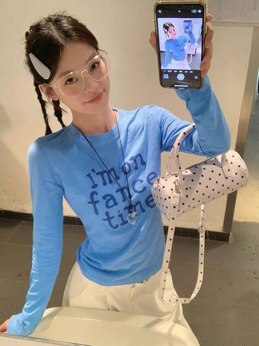 Women's Casual Letter Printed Long Sleeve Slim Fitted Round Neck T-Shirt, Autumn/Winter - Blue - View 1