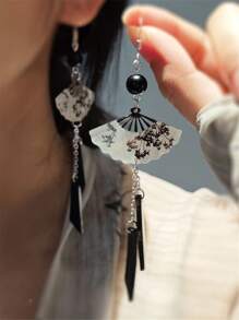 1 对中国风银扇珍珠耳环，复古镂空扇形甜美耳环，适合女士 - 長白色 - 查看 3