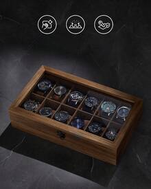 Watch Box With 12 Slots, Watch Case, Solid Wood Watch Box Organiser With Glass Lid, Watch Display Box With Removable Pillows, Gift Idea, Rustic Walnut - Brown - View 4