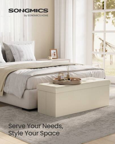 SONGMICS Collection - 43 Inches Folding Storage Ottoman Bench, Ottoman Foot Rest, End Of Bed Bench, Storage Chest, Load 660 Lb, For Living Room, Bedroom, Entryway, Cream White Back To School Dormitory Storage