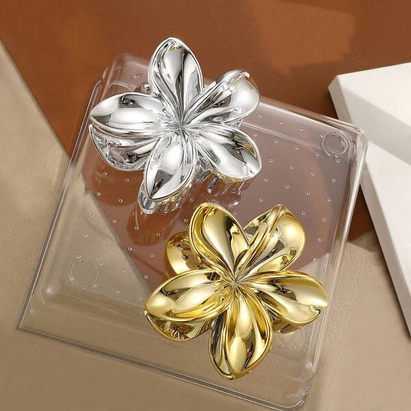 2pcs Tropical Acrylic Flower Hair Clips Set - Gold & Silver Teardrop Flower Hair Clips, Designed For Women, Suitable For Beach Parties, Summer Holidays And Boho Hair Accessories