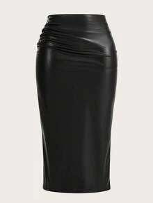 褶裥开衩纯色PU皮革高开衩半身裙，适合日常穿着、生日派对、下午茶、旅行、机场出行，以及春秋季节。