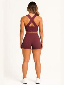 AKORIO MODAS Women's Fitness Fashion Top And Short Set Yoga Running A11 - 酒紅色 - 查看 2