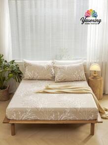 3pcs /Set Khaki Leaf Branch Flower Pattern Fitted Sheet Set Without Filler, Fitted Sheet Set For Bedroom Brushed Microfiber Breathable Comfortable 1pc Mattress Cover With 2pcs Pillowcase, Bed Cover Set King Queen Full Twin SizeFitted Sheet Set For Bedroom Brushed Microfiber Breathable Comfortable Sheet Bedspread Deep Pocket Up To 11.8 Inch Breathable Wrinkle-Free Better For Sleep, Machine Washable Domitory Bedding Back School Bedding - Khaki - View 6