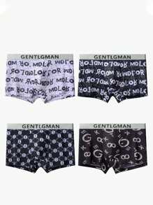 4pcs/Pack Men's Breathable Ice Silk Printed Letter Boxer Briefs