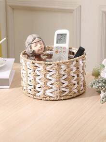 1pc Handwoven Storage Basket, Multipurpose Desktop Organizer Box, Living Room Storage Bin, Can Store Snacks, Toys, Keys And Small Items, Bohemian Geometric Woven Basket, Wooden Rattan Planter Stand, Mixed Natural Rope Decor, Creates Coastal Ambiance. - square - View 9