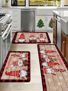 1 pieza Felpudo decorativo navideño de 40x60cm / 50x80cm / 40x120cm, diseño de estilo de tabla de madera vintage con patrón de gnomo rojo, adecuado para decoración navideña y de invierno del hogar, entrada, patio, decoración festiva