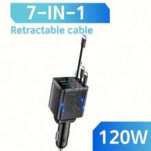 YITUMU Caricabatterie auto veloce da 120W con 3 cavi retrattili, 2 porte USB e 2 porte PD, design regolabile a 180°, display della tensione in tempo reale, compatibile con 16/15/14 Pro Max, telefoni Android, serie Galaxy, Pixel, tablet, adattatore per accendisigari auto 12-24V