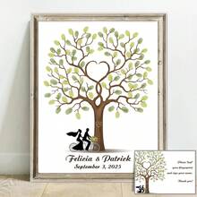 个性化婚礼宾客签名册，印有新人剪影和双人自行车图案，可定制指纹签名册和指纹树（可打印） - 彩色 - 查看 2