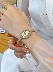 1pc Ladies' Watch, Golden Watch, Classic Oval-Shaped Case With Roman Numeral Dial, Suitable For Daily Wear, Business Work Watch, Festival Gift