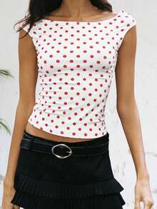 Women Y2K Off Shoulder T-Shirt Short Sleeve Boat Neck Polka Dot Slim Fit Crop Top Summer Baby Tee Going Out Tops Streetwear - 白色 - 查看 3